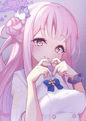 1girl four-finger_heart_hands :3 absurdres blue_archive blue_flower blunt_bangs blush breasts bright_pupils buttons capelet closed_mouth commentary double-breasted dress eyelashes film_grain flower hair_bun hair_flower hair_ornament halo hands_up heart heart_hands highres ikeq long_hair looking_at_viewer medium_breasts mika_(blue_archive) pink_hair pink_halo scrunchie sidelocks simple_background single_side_bun smile solo upper_body white_capelet white_dress wrist_scrunchie yellow_eyes