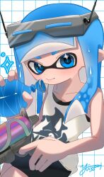 1girl black_shorts blue_eyes blue_hair blue_pupils burst_bomb_(splatoon) closed_mouth commentary_request eyewear_on_head grid_background gun highres holding holding_gun holding_weapon inkling inkling_girl inkling_player_character long_hair looking_at_viewer nintendo pointy_ears print_shirt shirt shorts signature simple_background sleeveless sleeveless_shirt smile solo sparkle splatoon_(series) splatoon_3 splattershot_(splatoon) star_(symbol) star_in_eye sunglasses symbol_in_eye tentacle_hair thick_eyebrows weapon white_background white_shirt yunominnminn3