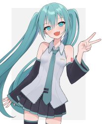 1girl :d absurdres blue_eyes blue_hair blush collared_shirt detached_sleeves fang funakinuta hatsune_miku highres long_hair long_sleeves looking_at_viewer necktie open_mouth pleated_skirt shirt skin_fang skirt sleeveless sleeveless_shirt smile solo thighhighs twintails v very_long_hair vocaloid