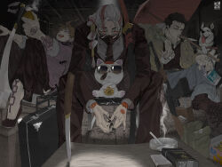 3boys absurdres ashtray black_hair cat cigar cigarette cigarette_pack commentary dandadan dog enjoji_jin facial_mark glasses highres husky male_focus mask mouth_mask multiple_boys pakupaku_keema red_hair round_eyewear takakura_ken_(dandadan) takakura_ken_(transformed)_(dandadan) turbo_granny_(dandadan) unji_zuma
