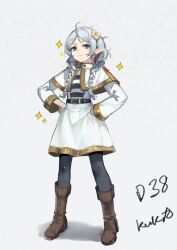1girl absurdres alternate_hairstyle black_pantyhose boots braid brown_boots capelet closed_mouth frieren full_body green_eyes grey_hair highres jiuxiaoshi low_twin_braids pantyhose pointy_ears skirt smile solo sousou_no_frieren twin_braids white_capelet white_skirt