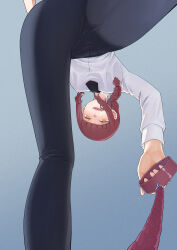 1girl absurdres black_necktie black_pants braid chainsaw_man from_below highres holding holding_leash leash long_hair makima_(chainsaw_man) necktie pants pov red_hair ringed_eyes shirt sidelocks single_braid solo summer_left viewer_on_leash white_shirt yellow_eyes