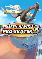 2boys 3girls absurdres ago_(owenanaken) black_pantyhose blue_sky boots brown_footwear capelet clear_sky contemporary cover derivative_work fake_cover fern_(sousou_no_frieren) floating_hair frieren full_body gold_trim green_eyes halfpipe highres holding holding_skateboard long_sleeves looking_at_viewer multiple_boys multiple_girls outdoors pantyhose parody parted_bangs sein_(sousou_no_frieren) serie_(sousou_no_frieren) skateboard skirt sky sleeve_cuffs solo_focus sousou_no_frieren stark_(sousou_no_frieren) tony_hawk&#039;s_pro_skater traffic_cone twintails video_game_cover video_game_cover_redraw white_capelet white_hair white_skirt