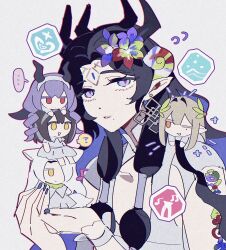 Rule 34 | ..., ?, arknights, black hair, black horns, blue eyes, blue nails, character doll, chibi, colored skin, doll, dress, earrings, facial mark, flower, forehead mark, green hair, hair flower, hair ornament, highres, hl (iamawhitehippo), horns, jewelry, magallan (arknights), mole, muelsyse (arknights), pointy ears, purple hair, red eyes, santalla (arknights), typhon (arknights), valarqvin (arknights), valarqvin (midskog fika) (arknights), white background, white dress, white hair, white skin, yellow eyes
