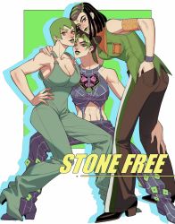 3girls black_hair braid breasts brown_eyes cleavage double_bun dreadlocks ermes_costello foo_fighters_(jojo) green_eyes green_hair green_lips green_overalls hair_bun highres jojo_no_kimyou_na_bouken kuujou_jolyne lipstick makeup multicolored_hair multiple_girls overalls short_hair spadelake spider_web_print stone_ocean two-tone_hair yuri