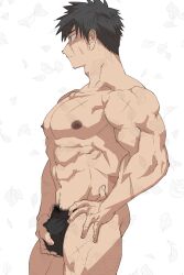 Rule 34 | 1boy, abs, bara, black hair, collarbone, commentary request, doudanuki masakuni, fugur6 fugur9, hand on own crotch, highres, large pectorals, male focus, multiple scars, muscular, muscular male, navel, nipples, pectorals, pubic hair, pubic hair peek, scar, scar on arm, scar on chest, scar on face, short hair, simple background, solo, strapless bottom, touken ranbu, white background, yellow eyes