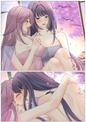 Rule 34 | 2girls, absurdres, arms around neck, blush, breasts, chocko poc, cleavage, closed eyes, closed mouth, commentary, falling petals, genshin impact, hand on another&#039;s neck, hand on another&#039;s shoulder, hickey, highres, kiss, large breasts, long hair, mouth hold, multiple girls, petals, pink hair, purple eyes, purple hair, purple nails, raiden shogun, scratches, shouji, sitting, sliding doors, smile, symbol-only commentary, tree, yae miko, yuri