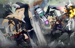 absurdres assault_rifle battle beret blonde_hair boots commission commissioner_upload explosion fighting_stance girls&#039;_frontline gloves glowing glowing_eyes green_eyes gun hat highres m1_garand m1_garand_(girls&#039;_frontline) mecha military_hat military_uniform mineta_naoki motion_blur motion_lines necktie paradeus rifle robot skeb_commission stg44 stg44_(girls&#039;_frontline) suspenders thighhighs weapon white_gloves
