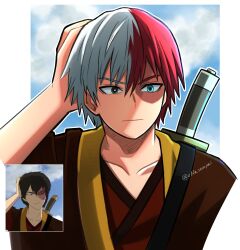 1boy alternate_costume avatar:_the_last_airbender avatar_legends blue_eyes boku_no_hero_academia burn_scar cosplay effasempai grey_eyes heterochromia male_focus multicolored_hair photo-referenced red_hair scar scar_across_eye scar_on_face short_hair solo sword todoroki_shouto weapon white_hair zuko zuko_(cosplay)