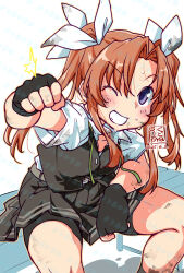 1girl ahoge artist_logo bike_shorts bike_shorts_under_skirt black_gloves black_shorts black_skirt black_vest brown_hair collared_shirt commentary_request dated dress_shirt feet_out_of_frame fingerless_gloves gloves green_ribbon grin hair_ribbon highres kagerou_(kancolle) kagerou_kai_ni_(kancolle) kantai_collection kutone_shirika logo long_hair looking_at_view neck_ribbon one_eye_closed pleated_skirt punching purple_eyes ribbon school_uniform shirt short_sleeves shorts shorts_under_skirt skirt smile solo sweat twintails vest watermark white_ribbon white_shirt
