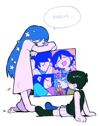 Rule 34 | 2girls, 4boys, :d, alternate hair color, antenna hair, arm support, aubrey (headspace) (omori), aubrey (omori), ba wu90665, bare arms, bare shoulders, barefoot, basil (headspace) (omori), basil (omori), black eyes, black hair, black socks, black tank top, blue eyes, blue flower, blue hair, blue shirt, blush, brother and sister, brothers, checkered clothes, closed eyes, closed mouth, colored skin, covered mouth, crossed arms, dot mouth, dot nose, double-parted bangs, dress, drooling, flower, full body, hair behind ear, hair between eyes, hair flower, hair ornament, hero (headspace) (omori), hero (omori), highres, holding, holding stuffed toy, kel (headspace) (omori), kel (omori), kneehighs, long hair, looking at another, mari (omori), mari (spirit) (omori), mouth drool, mr. plantegg (omori), multiple boys, multiple girls, no shoes, omori, omori (omori), open mouth, pink flower, pink rose, romaji text, rose, shirt, short hair, shorts, siblings, simple background, sitting, smile, socks, speech bubble, spoilers, standing, straight hair, stuffed toy, sunflower, tank top, translated, u u, very long hair, white background, white dress, white flower, white shorts, white skin