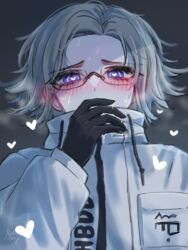 1boy aotsuki_eito black_gloves blush glasses gloves grey_background heart highres looking_at_viewer looking_down male_focus mystery_harp parted_lips purple_eyes simple_background solo solo_focus the_hundred_line_-last_defense_academy- white_hair