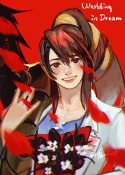 1boy 1girl 96min69 absurdres black_hair blue_shirt blush bouquet brown_eyes brown_hair english_text falling_petals final_fantasy final_fantasy_vii flower hand_on_another&#039;s_arm high_ponytail highres holding holding_bouquet jewelry lab_coat lucrecia_crescent necklace petals ponytail red_background rose_petals shirt smile spiked_hair standing twitter_username vincent_valentine