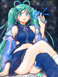 1girl aqua_hair aqua_nails blue_eyes blue_jacket blue_skirt blue_thighhighs blush braid braided_hair_rings breasts crossed_legs earrings galaxy hair_between_eyes hair_rings hatsune_miku heart heart_earrings highres holding holding_microphone jacket jewelry kazm00 long_hair long_sleeves looking_at_viewer magical_mirai_(vocaloid) magical_mirai_miku magical_mirai_miku_(2025) medium_breasts microphone midriff navel night night_sky official_alternate_costume official_alternate_hairstyle open_clothes open_jacket open_mouth single_thighhigh skirt sky smile solo star_(sky) starry_sky stomach thighhighs thighs twintails vocaloid