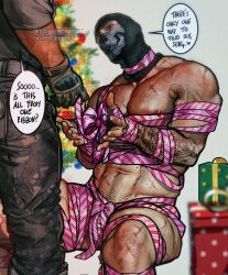 Rule 34 | 2boys, abs, arm tattoo, bara, call of duty, call of duty: modern warfare 2, english text, ghost (modern warfare 2), grey pants, grey shirt, highres, large pectorals, looking at another, male focus, mask, multiple boys, muscular, muscular male, navel, nipple piercing, nipples, pants, pectorals, piercing, restrained, shirt, skull mask, soap (modern warfare 2), tattoo, twitter username, umikochannart, yaoi