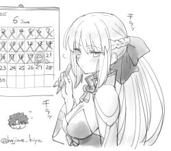 1boy 1girl artist_name black_bow blush bow braid calendar_(object) closed_eyes fate/grand_order fate_(series) fujimaru_ritsuka_(male) hair_between_eyes hair_bow half_up_braid kiya_hajime long_hair looking_at_viewer morgan_le_fay_(fate) morgan_le_fay_(first_ascension)_(fate) pen ponytail short_hair sketch smile