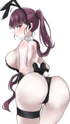 absurdres animal_ears arms_behind_back ass black_leotard bound bound_arms breasts detached_collar dolla_(nikke) earpiece fake_animal_ears fake_tail from_behind goddess_of_victory:_nikke highres large_breasts leaning_forward leotard long_hair looking_at_viewer looking_back miumiumi_99 mole mole_under_eye playboy_bunny ponytail purple_eyes purple_hair rabbit_ears rabbit_tail sideboob strapless strapless_leotard tail thigh_strap