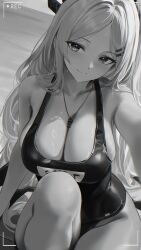 1girl aged_up alternate_breast_size bare_shoulders blue_archive breasts cleavage closed_mouth collarbone demon_girl demon_horns greyscale hair_ornament hairclip highres hina_(blue_archive) hina_(swimsuit)_(blue_archive) horns knee_up long_hair looking_at_viewer monochrome one-piece_swimsuit re0n recording sitting smile solo swimsuit whistle whistle_around_neck