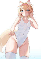 1girl alternate_costume animal_ear_fluff animal_ears bandaid bandaid_hair_ornament blonde_hair blue_eyes breasts covered_navel dog_ears dog_girl dog_tail gluteal_fold hair_ornament hairband hanefuro highres hololive hololive_english horn_hairband mococo_abyssgard multicolored_hair one-piece_swimsuit pink_hair pink_hairband small_breasts solo streaked_hair swimsuit tail thighhighs virtual_youtuber wet white_background white_one-piece_swimsuit white_thighhighs x_hair_ornament