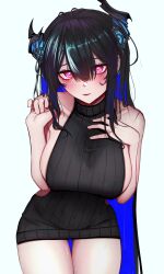 1girl absurdly_long_hair absurdres asymmetrical_horns bare_shoulders black_hair blue_hair blush collarbone colored_inner_hair demon_horns dress hands_up heart heart-shaped_pupils highres hololive hololive_english horns long_hair meme_attire multicolored_hair nerissa_ravencroft purple_eyes simple_background soju_ice solo sweater sweater_dress symbol-shaped_pupils turtleneck turtleneck_sweater two-tone_hair uneven_horns very_long_hair virgin_killer_sweater virtual_youtuber white_background
