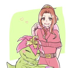 Rule 34 | absurdres, brown eyes, brown hair, digimon, digimon (creature), digimon adventure, digimon adventure: (2020), flower, highres, long hair, monster girl, palmon, petals, plant girl, sharp teeth, tachikawa mimi, teeth