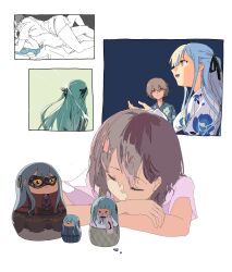 Rule 34 | 2girls, absurdres, bandaid, bang dream!, bang dream! it&#039;s mygo!!!!!, black mask, black ribbon, blue hair, blue kimono, closed mouth, commentary, domino mask, floral print, girl on top, grey hair, hair ribbon, hashtag-only commentary, highres, japanese clothes, kimono, kiss, ligne claire, long hair, looking at another, mask, matryoshka doll, multiple girls, open mouth, pink eyes, print kimono, ribbon, rognize, shirt, short hair, shorts, smile, takamatsu tomori, togawa sakiko, two side up, white kimono, white shirt, yellow eyes, yuri