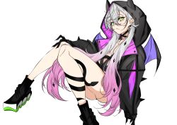 1girl absurdres black_hands black_hoodie black_shoes body_markings breasts colored_extremities crossed_bangs crossed_legs demon_girl fate/grand_order fate_(series) full_body green_eyes hair_between_eyes highres hood hoodie lilith_(fate) lilith_(first_ascension)_(fate) long_hair long_sleeves looking_at_viewer multicolored_hair no_bra open_clothes pointy_ears shoes simple_background sitting snake snake_wrapped_around_leg sneakers solo twintails two-tone_hair unanooo_(fthx7532) white_background