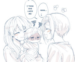 3girls ^_^ baby baby_carry blush blush_stickers carrying closed_eyes closed_mouth collarbone commentary diagonal_bangs english_commentary english_text family flower_symbol glaring greyscale highres hug if_they_mated ips_cells jitome link!_like!_love_live! long_hair long_sleeves looking_at_another love_live! monochrome multiple_girls murano_sayaka no_mouth onesie open_mouth shaded_face shirt short_hair sidelocks simple_background speech_bubble spot_color squiggle sweatdrop upper_body virtual_youtuber white_background yugiri_tsuzuri yuri zenma_trang