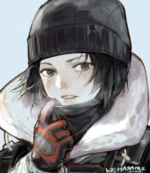 1girl absurdres artist_name beanie black_hair black_hat commentary dated frost_(rainbow_six_siege) gloves grey_background grey_eyes hat highres hood hood_down hua_ha_jiazi looking_at_viewer mask_pull parted_lips portrait rainbow_six_siege red_gloves short_hair solo symbol-only_commentary tactical_clothes