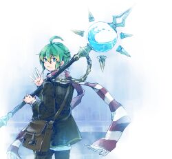 Rule 34 | 1boy, ahoge, another eden, bag, blonde hair, blue eyes, brown bag, brown jacket, brown pants, chain, closed mouth, commentary request, cowboy shot, day, double-parted bangs, floating scarf, fog, fringe trim, from behind, gradient hair, green hair, hair between eyes, hand up, hatching (texture), holding, holding staff, jacket, light smile, linear hatching, long scarf, long sleeves, looking at viewer, looking back, mage staff, male focus, michibata 65, mighty (another eden), multicolored hair, outdoors, over shoulder, pants, red scarf, satchel, scarf, short hair, shoulder bag, sidelocks, sideways glance, solo, spread fingers, staff, standing, striped clothes, striped scarf, turning head, water, waving, weapon, weapon over shoulder, white scarf, wide sleeves