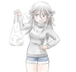 Rule 34 | 1girl, arm up, bag, blue shorts, blush, breasts, denim, denim shorts, grey eyes, grey hair, grey shirt, grin, hand on own hip, holding, holding bag, long hair, long sleeves, original, plastic bag, shirt, short shorts, shorts, simple background, small breasts, smile, solo, takapi (chimee house), very long hair, white background