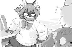 3girls anger_vein blank_eyes blush body_fur bow bowtie classroom desk dog_girl embarrassed fangs furry furry_female greyscale indoors kikurage_(crayon_arts) monochrome multiple_girls original school_desk school_uniform short_hair sitting skirt sweater teardrop twintails white_background
