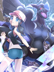 1girl antenna_hair black_vest blue_eyes brown_hair clenched_hand closed_mouth commentary_request electricity eyelashes gen_5_pokemon hat high_ponytail highres hilda_(pokemon) inana_umi legendary_pokemon long_hair looking_at_viewer nintendo poke_ball_print pokemon pokemon_(creature) pokemon_bw ponytail shirt short_shorts shorts sidelocks vest white_headwear zekrom