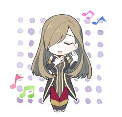 Rule 34 | 1girl, aaaanashi, bare shoulders, boots, breasts, brown boots, brown dress, brown hair, brown sleeves, closed eyes, detached sleeves, dress, full body, gloves, hair over one eye, hand on own chest, long hair, music, musical note, open mouth, red thighhighs, singing, sleeveless, sleeveless dress, solo, standing, straight-on, straight hair, tales of (series), tales of the abyss, tear grants, thighhighs, white gloves