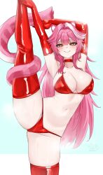 1girl absurdres animal_ears arm_up bikini blue_background blush breasts choker closed_mouth collarbone commentary elbow_gloves english_commentary eyeshadow gloves goggles goggles_on_head hair_intakes highres hololive hololive_english large_breasts leg_up long_hair looking_at_viewer makeup multicolored_hair navel panther_ears panther_girl panther_tail pink_eyeshadow pink_hair raora_panthera red_bikini red_choker red_gloves red_thighhighs signature smile solo soup_(soupysoull) split standing standing_on_one_leg standing_split stomach streaked_hair swimsuit tail thighhighs thighs two-tone_hair virtual_youtuber white_background white_hair yellow_eyes