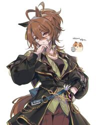 1girl agnes_tachyon_(umamusume) ahoge black_coat black_gloves black_shirt brown_hair brown_jacket brown_pants chibi chibi_inset coat dirty dirty_face ear_covers earrings expressionless gloves guinea_pig hair_between_eyes hand_on_own_chin hand_on_own_hip high_ponytail horse_tail huge_ahoge jacket jewelry korean_text long_sleeves looking_at_viewer medium_hair monocle necklace pants parted_lips partially_fingerless_gloves ponytail red_eyes shirt sidelocks simple_background single_ear_cover single_earring solo tail translation_request umamusume welchino white_background wolf_cut
