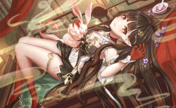 1girl absurdres animal bare_shoulders black_footwear breasts brown_hair chinese_clothes cleavage closed_mouth clothing_cutout colored_extremities commentary_request criss-cross_halter detached_sleeves diamond-shaped_pupils diamond_(shape) dress ear_piercing flower full_body gold_thighlet hair_ornament hair_spread_out halterneck high_heels highres holding holding_animal honkai:_star_rail honkai_(series) indoors knees_up large_breasts lingsha_(honkai:_star_rail) long_hair looking_at_viewer lying mortar_(bowl) on_back orange_eyes pestle petting piercing pointy_ears pumps purple_flower red_feet red_hands scales smile smoke solo stomach_cutout symbol-shaped_pupils uting very_long_hair