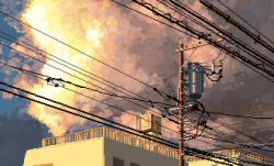 Rule 34 | building, cloud, cloudy sky, condenser unit, highres, hisachan55cute, morning, no humans, original, out of frame, pixel art, power lines, railing, scenery, sky, sunlight, sunrise, utility pole