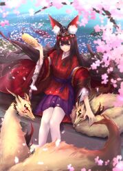 1girl absurdres animal_ear_fluff animal_ears black_hair blunt_bangs closed_mouth crown fox fox_ears fox_girl fox_mask ginsetsu_(shadowverse) highres holding holding_mask japanese_clothes kimono long_hair looking_at_viewer mask pantyhose petting purple_skirt red_kimono shadowverse shimasa_(vutu8277) sidelocks sitting skirt smile solo white_pantyhose