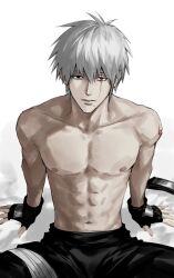 1boy abs bandages_over_clothes black_eyes black_gloves black_pants collarbone fingerless_gloves gloves hatake_kakashi headband heterochromia highres lips looking_at_viewer male_focus mole mole_under_mouth naruto_(series) navel nipples no_mask pants red_eyes scar scar_across_eye scar_on_face sharingan short_hair simple_background sitting solo sso_s toned toned_male topless_male white_background white_hair
