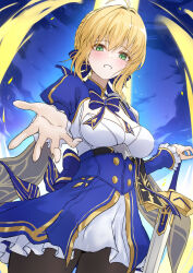 1girl artoria_pendragon_(fate) black_pantyhose blonde_hair blue_dress blue_sky breasts cleavage commentary commentary_request cowboy_shot crossover dress english_commentary excalibur_(fate/stay_night) fate/stay_night fate_(series) green_eyes highres holding holding_sword holding_weapon honkai:_star_rail honkai_(series) looking_at_viewer medium_breasts mixed-language_commentary pantyhose reaching reaching_towards_viewer saber_(fate) short_hair sky smile solo sword weapon xfate