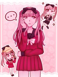 1girl absurdres bed_sheet black_bow blush border bow chibi closed_mouth female_focus flower gradient_background hair_bow highres lace lace_border long_sleeves magnifying_glass open_mouth ornate_border pink_eyes pink_hair pleated_skirt skirt solo the_hundred_line_-last_defense_academy- tsukumo_kako white_border
