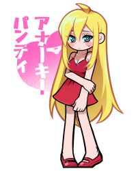 Rule 34 | 1girl, blonde hair, blue eyes, breasts, character name, cleavage, dress, hair down, heart, jjjjtaaaku, medium breasts, panty &amp; stocking with garterbelt, panty (psg), red shoes, shoes, solo