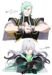 2boys artist_name bishounen black_gloves black_jacket black_shirt blue_eyes capelet clenched_hands collared_jacket cropped_torso cuffs floating_hair fresh_precure! fur-trimmed_jacket fur_trim furrowed_brow gloves green_eyes green_hair green_shirt grey_hair grin hair_between_eyes high_collar highres jacket long_hair looking_at_viewer male_focus multiple_boys muscular muscular_male own_hands_together parted_lips precure shackles shirt short_sleeves simple_background smile smirk souler_(fresh_precure!) sukehige teeth thick_eyebrows translation_request tsurime turtleneck turtleneck_shirt two-sided_fabric two-sided_jacket watermark wester_(fresh_precure!) white_background white_capelet