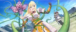 Rule 34 | 1boy, 1girl, armor, arrow (projectile), between breasts, black gloves, black pants, blonde hair, blue eyes, blue sky, blush, bow (weapon), braid, breastplate, breasts, breath, brown hair, cape, clenched hand, cloud, crown braid, darkness (konosuba), day, drawing bow, dutch angle, game cg, gloves, green cape, high ponytail, highres, holding, holding bow (weapon), holding sword, holding weapon, kono subarashii sekai ni shukufuku wo!, konosuba! fantastic days, large breasts, long hair, masochism, official art, open mouth, outdoors, pants, plant, plant monster, ponytail, restrained, satou kazuma, sharp teeth, shirt, shoulder armor, sky, small sweatdrop, smile, suggestive fluid, sword, teeth, third-party source, torn clothes, vines, weapon, white shirt