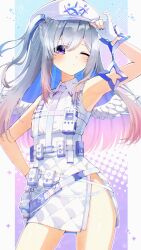 1girl amane_kanata amane_kanata_(heavenly_guard_mission) armpits artist_name belt_pouch blue_hair blush chest_harness collared_dress colored_inner_hair dress feathered_wings fingerless_gloves gloves gradient_hair grey_hair harness hat highres hololive multicolored_hair necktie one_eye_closed one_side_up peaked_cap pink_hair pouch purple_eyes quilted_clothes quilted_skirt side_slit sleeveless sleeveless_dress solo uni_(maru231) virtual_youtuber walkie-talkie white_dress white_gloves white_hat white_wings wings