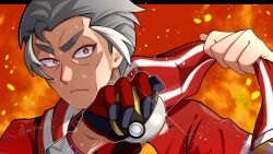 1boy bright_pupils cheekbones embers fire frown gloves grey_hair highres holding holding_poke_ball inu_desu111 kabu_(pokemon) looking_at_viewer male_focus nintendo old old_man poke_ball pokemon pokemon_swsh red_gloves red_shirt shirt sideburns single_glove solo towel towel_around_neck ultra_ball upper_body white_pupils