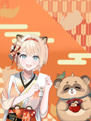 :3 absurdres adzuki_bean ahoge animal_ears arrow_(projectile) blonde_hair blue_eyes blue_scarf blush blush_stickers bob_cut body_fur bowl brown_fur card checkered_background commentary_request food frilled_kimono frills hair_ornament hair_ribbon hairband happy_new_year highres holding holding_bowl holding_card hololive japanese_clothes kazama_iroha kemonomimi_mode kimono leaf_hair_ornament mochi new_year obi orange_background pink_kimono pinwheel_hair_ornament pokobee postcard raccoon_ears rai_(rai_drawing) red_hairband ribbon sash scarf short_hair signature silhouette sleeves_rolled_up tanuki teeth upper_teeth_only virtual_youtuber
