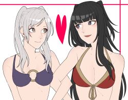 2girls ao_saryaruhu arm_at_side armpit_crease bikini black_eyes black_hair breasts brown_eyes cleavage collarbone couple eye_contact eyelashes female_focus fire_emblem fire_emblem_awakening fire_emblem_heroes front-tie_bikini_top front-tie_top highres hime_cut large_breasts long_hair looking_at_another matching_hair/eyes medium_breasts midriff multiple_girls navel neck no_coat no_headwear o-ring o-ring_bikini official_alternate_costume open_mouth purple_bikini red_bikini robin_(female)_(fire_emblem) robin_(female)_(seaside_tactician)_(fire_emblem) robin_(fire_emblem) short_twintails sidelocks smile standing stomach summer swept_bangs swimsuit tharja_(fire_emblem) tharja_(summer)_(fire_emblem) twintails upper_body white_background white_hair yuri