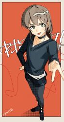 1girl black_boots black_choker black_pantyhose black_shorts black_sweater blush boots border choker collarbone commentary dated earclip full_body girls_band_cry green_eyes grey_hair gyaru_v haidao_mao hair_between_eyes hand_on_own_hip highres kawaragi_momoka long_hair long_sleeves lower_teeth_only open_mouth orange_background outside_border pantyhose pantyhose_under_shorts shorts sidelocks solo standing sweater teeth v white_border
